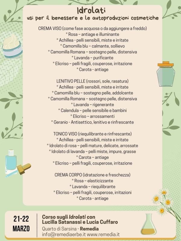 Corso sugli Idrolati: come utilizzarli in erboristeria e in cosmesi