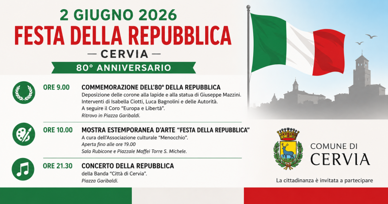 Cervia celebra la Festa della Repubblica 2026