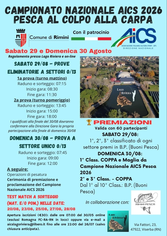 Pesca: al Lago Riviera di Viserba il Campionato Nazionale AICS di pesca al colpo alla Carpa 2026