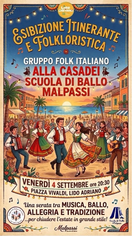 Grande Esibizione Itinerante del Gruppo Folk Italiano alla Casadei della Scuola di Ballo Malpassi